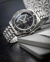 Load image into Gallery viewer, Silver watch with black dial on a dark surface